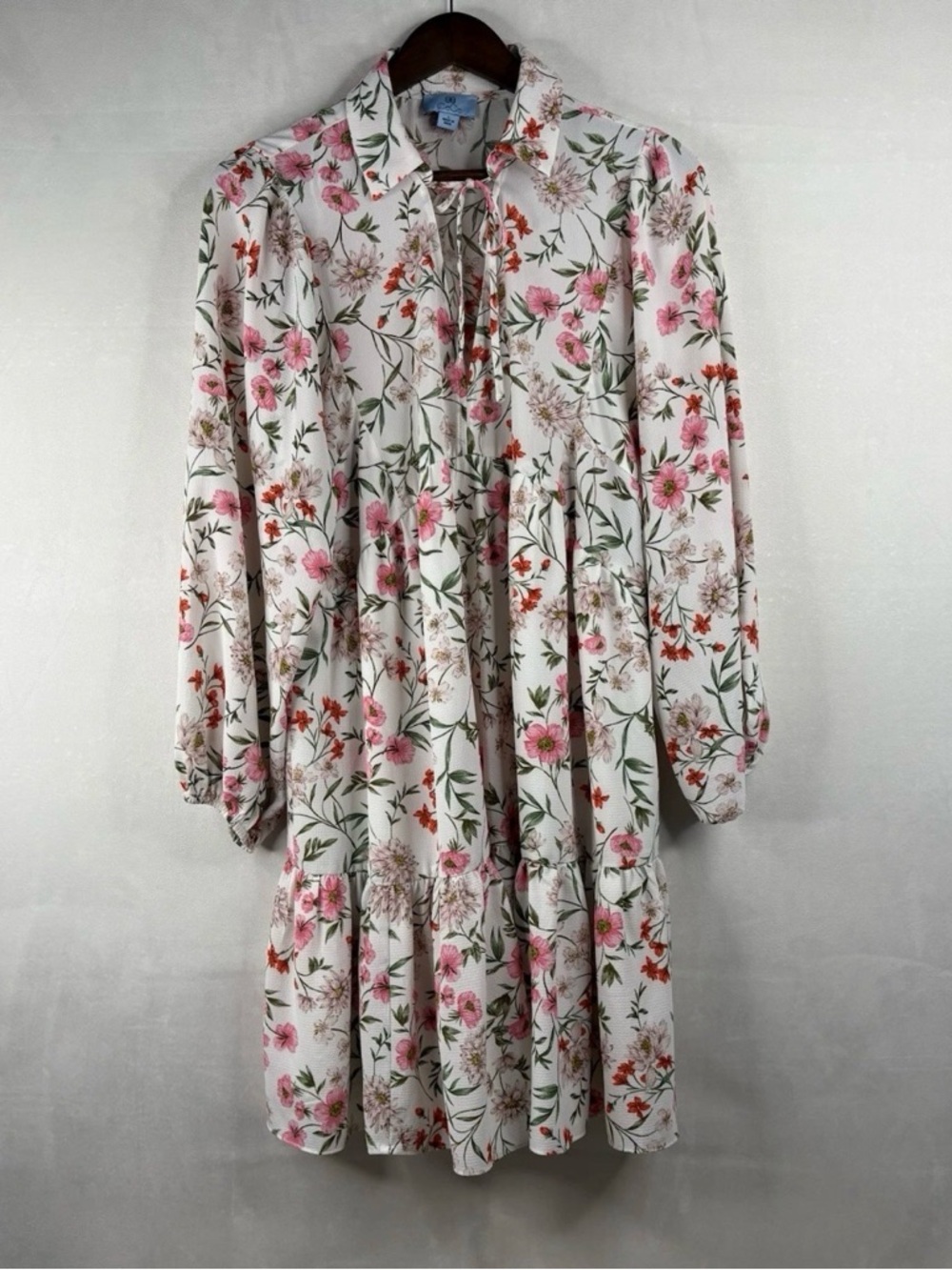 CeCe White Floral Tie-Neck Blouse with Pink and Coral Blooms
